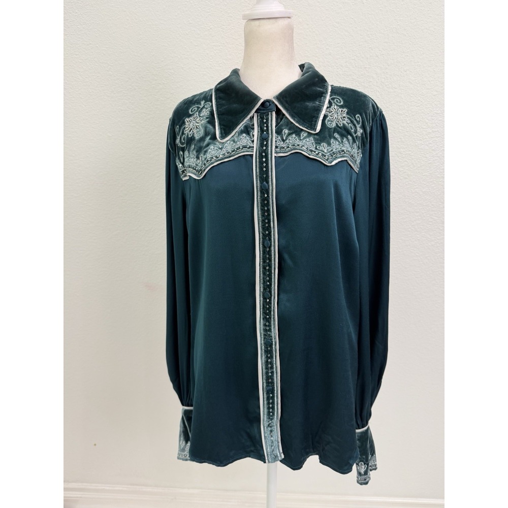 Vintage Shyanne Velvet Trim Embroidered Western Blouse XL Green Boho - Picture 3 of 9